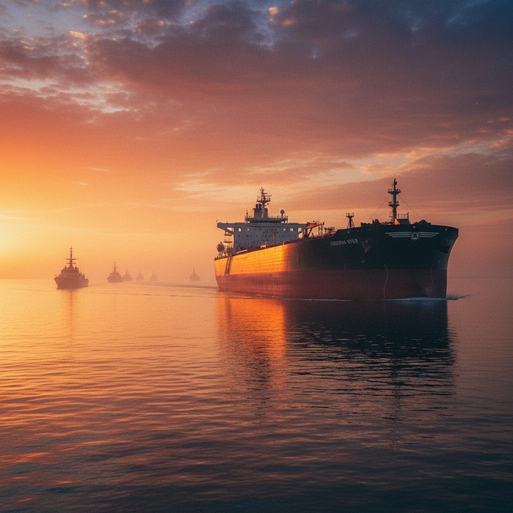 Cargo vessels near the Strait of Hormuz, used as a visual reference for maritime transit and shipping risk.