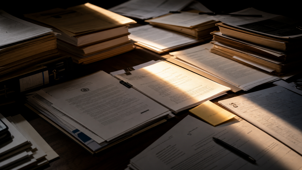 Public records and legal documents arranged for review.