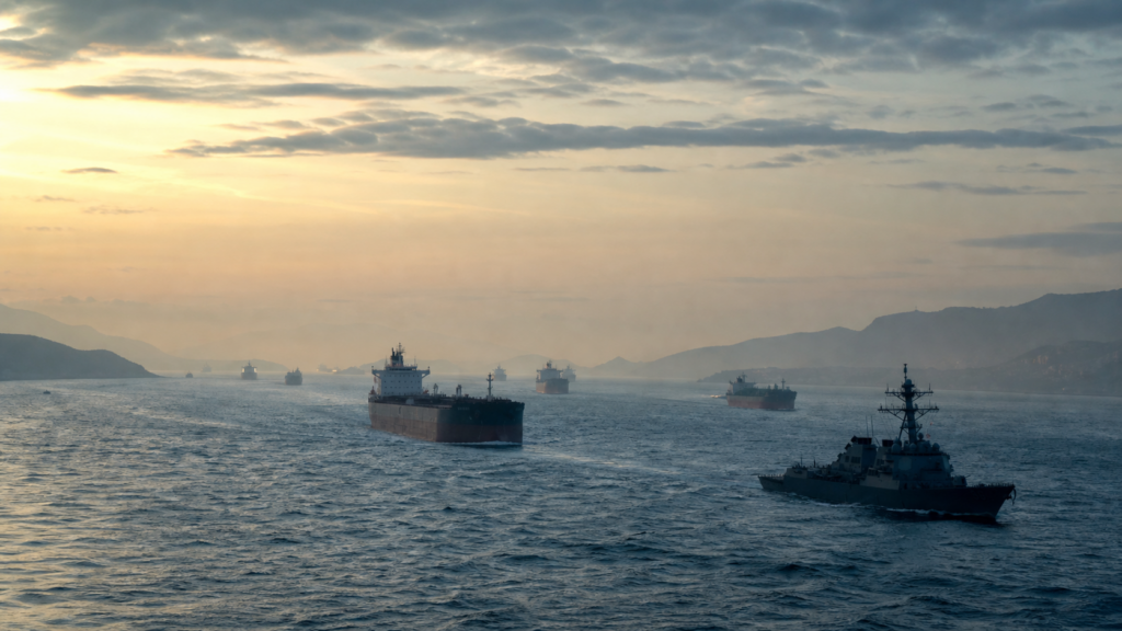 Commercial or naval vessels in a maritime transit setting, used to illustrate Strait of Hormuz passage risk.