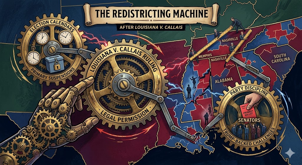 An intricate infographic titled "THE REDISTRICTING MACHINE, AFTER LOUISIANA V. CALLAIS," visualizing a mechanical apparatus of gears and a complex map. Central to the composition is the "LOUISIANA V. CALLAIS RULING, LEGAL PERMISSION" gear, driven by a mechanical arm. To its upper-left, the "ELECTION CALENDARS, PRIMARY SUSPENSIONS" gear features clocks, a locked ballot box, and suspended voters. To the bottom-right, the "PARTY DISCIPLINE, TRUMP-BACKED CHALLENGES" gear shows a primary ballot and a hand selecting compliant "SENATORS." On the right, a map of specific southern states like Louisiana, Alabama, Tennessee, and South Carolina is physically redrawn and "fractured" by mechanical rulers labeled "MEMPHIS" and "NASHVILLE," actively dividing communities and connecting districts in unexpected ways.