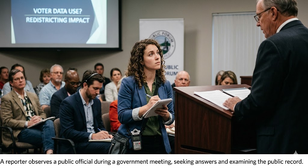 A focused reporter taking notes while observing a public official speaking at a government meeting about voter data use and redistricting impact.