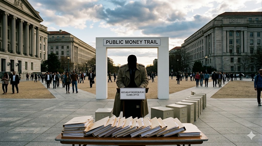 A conceptual image representing the public money trail of the Anti-Weaponization Fund, featuring rows of archival folders on a table and a central archway labeled "Public Money Trail" between the Treasury and DOJ buildings.