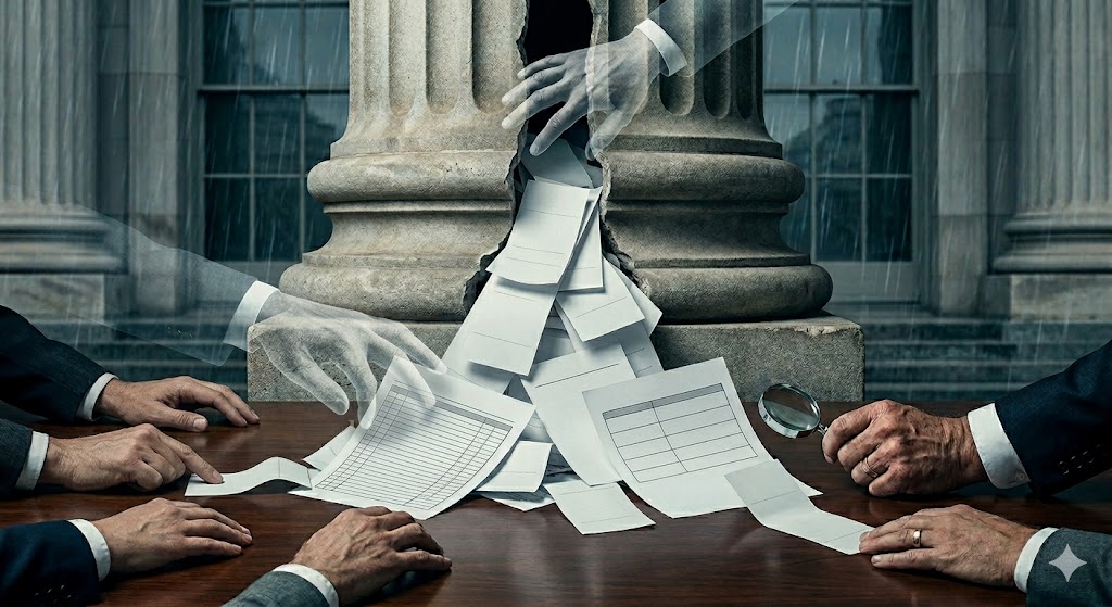 An editorial illustration for an accountability report showing forensic investigators examining a pile of financial receipts and ledger documents on a dark wooden table. In the background, a large, cracked neoclassical stone pillar symbolizes a government institution, with translucent ghost-like hands emerging from the crack to feed more documents into the pile. On the table, hands in suits use a magnifying glass to inspect the text, creating an atmosphere of intense public scrutiny and investigative audit under a somber, rainy sky.