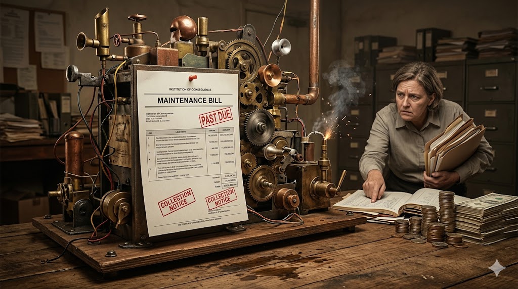 An intricate, smoking brass machine covered in gears and pipes sits on a wooden desk with a 'Past Due Maintenance Bill' and 'Collection Notice' pinned to it, while an exhausted office worker points at financial ledger books next to stacks of coins and cash.
