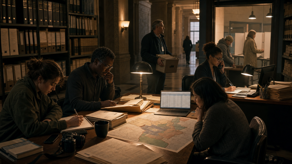 People gather around an illuminated table of public records, maps, and court files in a dim civic archive.