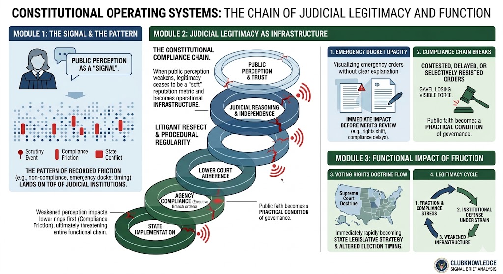A detailed infographic titled "Constitutional Operating Systems: The Chain of Judicial Legitimacy and Function." The visual is divided into three modules. Module 1 shows a judicial figure and a data plot representing public perception as a "signal" of institutional friction. Module 2 features a central 3D "Constitutional Compliance Chain" composed of interlocking rings: Public Perception, Judicial Reasoning, Lower Court Adherence, Agency Compliance, and State Implementation. Cracks and red "friction" signals appear on the rings, indicating how weakened trust impacts the entire functional chain. Module 3 highlights the practical impacts of this friction, including "Emergency Docket Opacity," a "Voting Rights Doctrine Flow" map of the U.S., and a "Legitimacy Cycle" diagram showing how institutional defense responds to compliance stress. The bottom right corner features the "ClubKnowledge Signal Brief Analysis" logo.