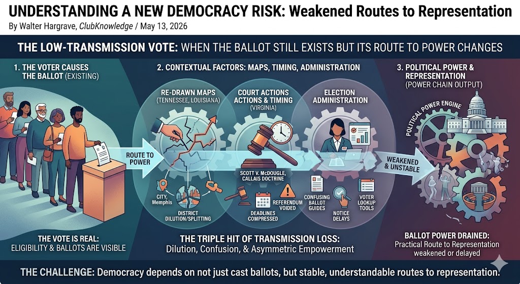 An infographic titled 'The Low-Transmission Vote' illustrating how a ballot travels from a voter through contextual factors like re-drawn maps, court actions, and election administration to a weakened 'political power engine.' It highlights the 'Triple Hit' of transmission loss: dilution, confusion, and asymmetric empowerment.