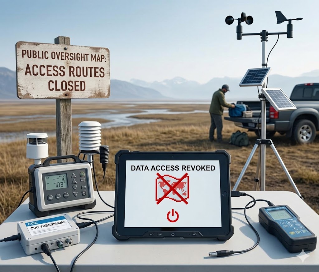 A field monitoring station in a remote landscape with a tablet displaying "DATA ACCESS REVOKED" and a red "X" over a map. A weathered wooden sign reads "PUBLIC OVERSIGHT MAP: ACCESS ROUTES CLOSED," symbolizing the disappearance of federal datasets and oversight infrastructure.