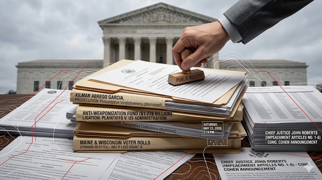 A conceptual photograph showing a thick stack of legal manila folders resting on a wooden desk with the U.S. Supreme Court building softly blurred in the background. A hand in a grey suit stamps the top folder with a wooden stamp reading "PUBLIC RECORD". The folders are explicitly labeled with tracking titles: "KILMAR ABREGO GARCIA, PROSECUTION: Presumptive Vindictiveness (dismissed)", "ANTI-WEAPONIZATION FUND ($1.776 BILLION) LITIGATION", and "MAINE & WISCONSIN VOTER ROLLS (DEMANDS REJECTED)". Scattered papers around the stack show data tables, red analysis lines, and a document detailing "CHIEF JUSTICE JOHN ROBERTS IMPEACHMENT ARTICLES NO. 1-6