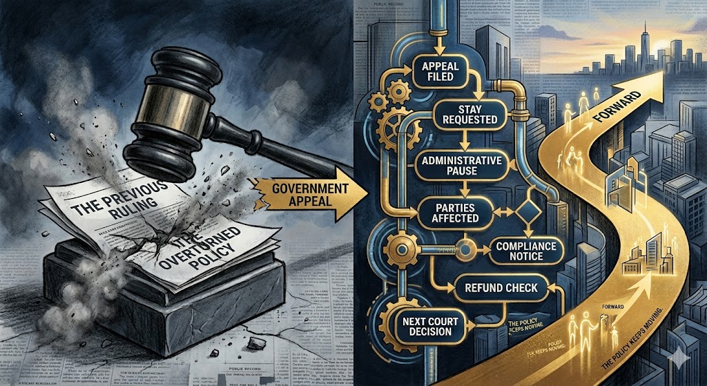 An editorial illustration in a split-screen design. On the left, a dark scene shows a large wooden gavel striking down on a legal document labeled 'The Previous Ruling' and 'The Overturned Policy.' An arrow labeled 'Government Appeal' points to the right side, which transitions into a brightly lit, golden flowchart of the appellate process. The flowchart contains steps like 'Appeal Filed,' 'Stay Requested,' and 'Administrative Pause,' which seamlessly transforms into a winding golden road with human figures walking toward a modern city skyline under a rising sun, labeled 'The Policy Keeps Moving.'