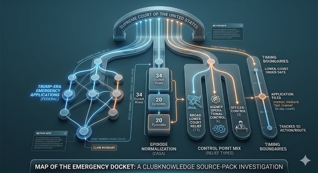 Data infographic mapping the Supreme Court emergency docket for a ClubKnowledge report, showing the workflow from 34 docket rows to 20 normalized CASA episodes, broken down by control types and timing boundaries.