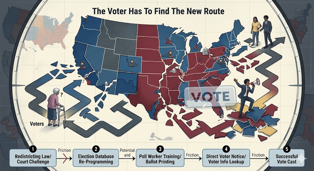 An editorial infographic titled "The Voter Has To Find The New Route" showing a fractured map of the United States. An elderly voter with a walker and a younger voter with a megaphone navigate broken, maze-like gray arrows representing the path to political power. A bottom flowchart illustrates the friction points: Redistricting Law, Database Re-programming, Poll Worker Training, and Voter Notice leading to a Successful Vote.