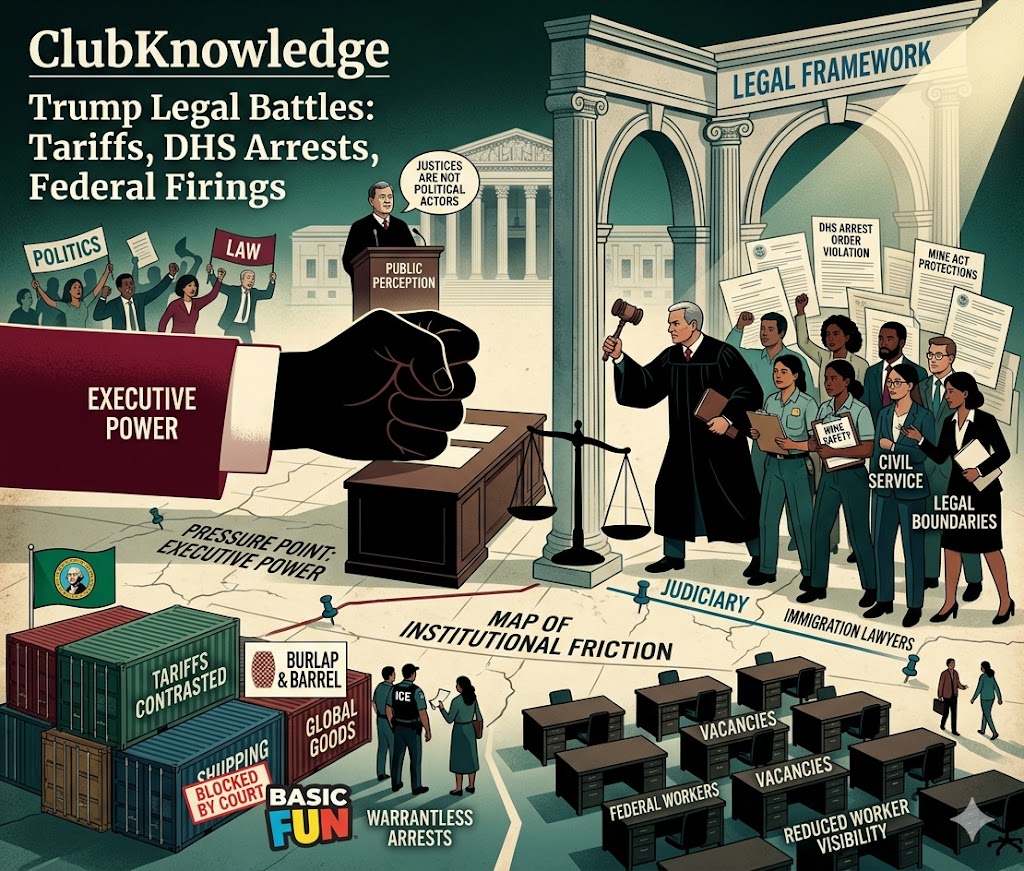 Trump Legal Battles: Tariffs, DHS Arrests, Federal Firings" for ClubKnowledge. The image is styled as a "Map of Institutional Friction," showing a large hand labeled "Executive Power" being met by a judge holding a gavel under a "Legal Framework" archway. The map features various scenes: shipping containers labeled with "Burlap & Barrel" and "Basic Fun" marked as "Blocked by Court"; a scene of "Warrantless Arrests" by ICE; and a rows of empty desks representing "Reduced Worker Visibility" and federal vacancies. In the background, Chief Justice John Roberts stands at a podium labeled "Public Perception" with a speech bubble stating "Justices are not political actors."