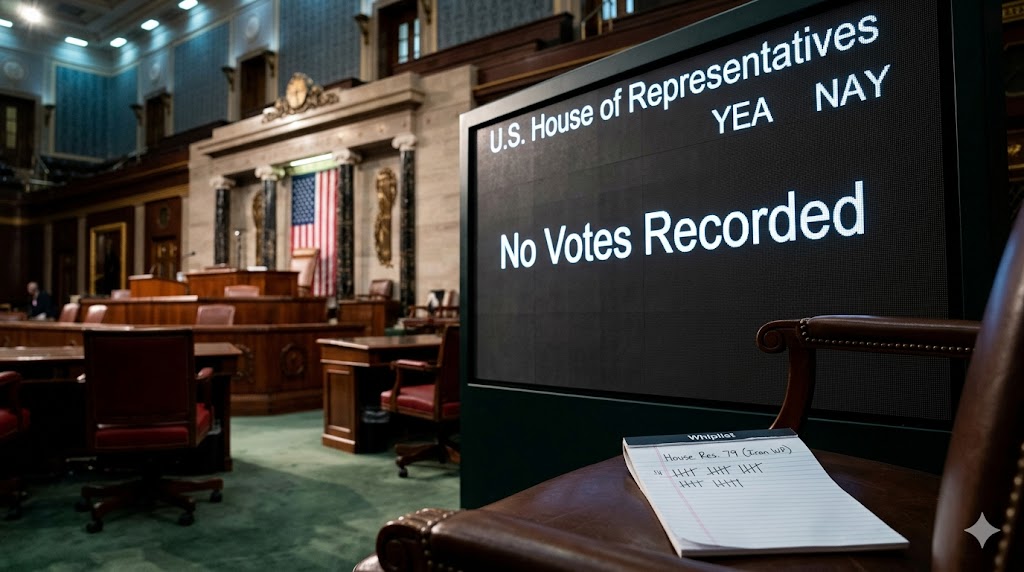 An empty United States House of Representatives chamber, focusing on a large electronic vote display screen that reads "No Votes Recorded" under the headers "YEA" and "NAY." In the foreground, a handwritten whip count notepad rests on a leather chair, capturing the abrupt halt of a scheduled legislative vote.