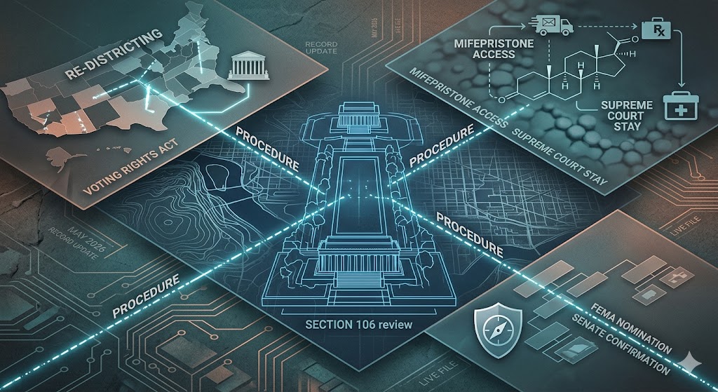A conceptual digital blueprint titled "Procedure" connecting four key 2026 civic events: an Alabama redistricting map, the mifepristone chemical structure, a FEMA leadership nomination icon, and a technical schematic of the Lincoln Memorial Reflecting Pool.