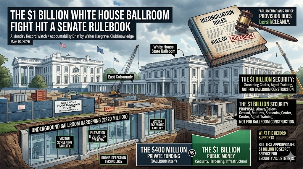 An editorial infographic detailing the White House East Wing modernization project. It features an architectural diagram of the White House with a cutaway view of the $220 million underground ballroom hardening, juxtaposed against a giant Senate rulebook representing the $1 billion reconciliation budget dispute.