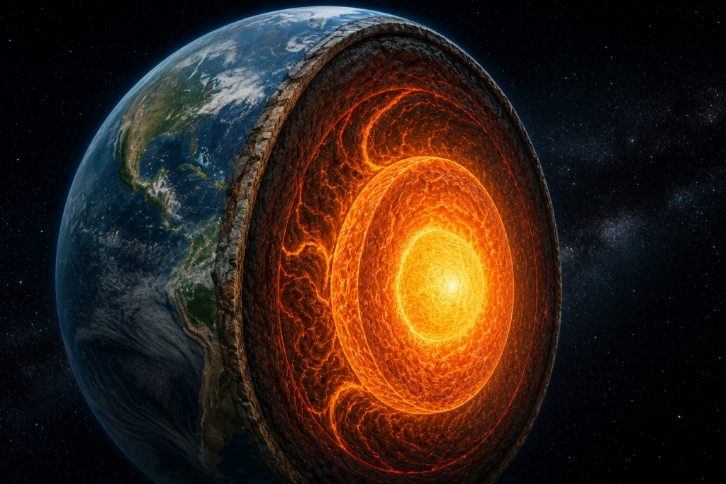 Cutaway view of Earth revealing its molten core beneath the surface, illustrating the planetary motion and internal processes that inspired the Motance framework