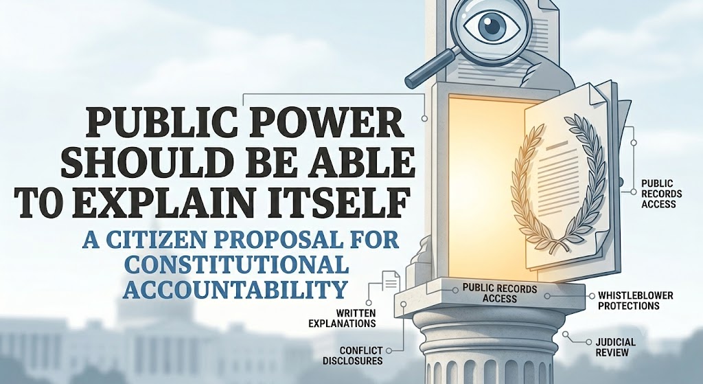 An editorial illustration titled "PUBLIC POWER SHOULD BE ABLE TO EXPLAIN ITSELF: A Citizen Proposal for Constitutional Accountability." The graphic features a classical architectural pillar topped with a glowing doorway and a large magnifying glass inspecting documents, symbolizing government transparency. Diagram lines point to key tenets of the proposal: written explanations, conflict disclosures, public records access, whistleblower protections, and judicial review.