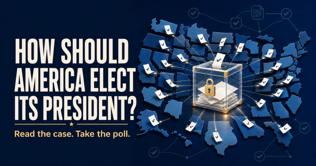 Illustration of ballots from across a map of the United States flowing into a secure ballot box, with the question “How should America elect its president?” and an invitation to read the case and take the poll.