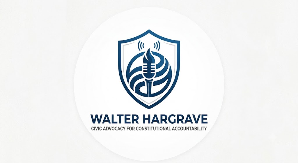 A circular logo for Walter Hargrave featuring a dark blue shield. Inside the shield is a stylized microphone combined with a torch flame, surrounded by radio wave icons and abstract curved lines. Below the shield, the text reads "WALTER HARGRAVE" in bold, with the tagline "CIVIC ADVOCACY FOR CONSTITUTIONAL ACCOUNTABILITY" underneath.