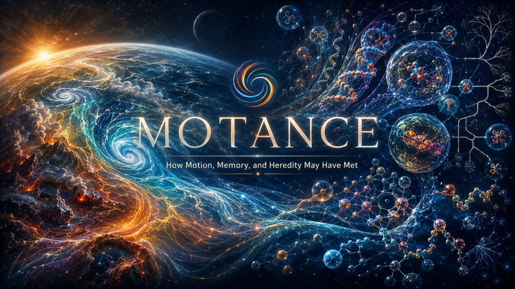 A cinematic scientific illustration showing early Earth in constant motion, with swirling oceans, volcanic activity, sunlight, and atmospheric energy flowing into a molecular landscape of RNA-like strands, chemical structures, vesicles, and protocell-like spheres. The composition visually transitions from planetary motion on the left to molecular memory, replication, and heredity on the right, with the title “Motance” centered above the subtitle “How Motion, Memory, and Heredity May Have Met.”